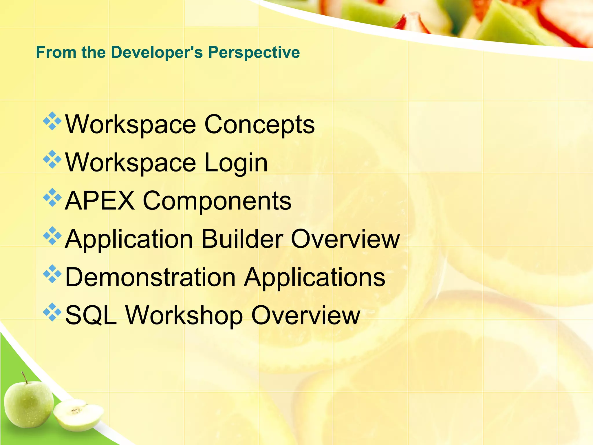 Workspace Concepts Workspace Login APEX Components Application Builder Overview Demonstration Applications SQL Workshop Overview From the Developer's Perspective 