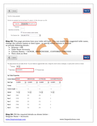 www.bisptrainings.com www.bispsolutions.com
Step 23: This page previews how your table will look . You can modify the suggested table name,
change the column names or data types , or specify which column to include
so provide following details :
 Schema = HR
 Table Name Accounts
 Column Names = ACNUM , BRANCHCODE , CUSTOMER TYPECODE
 Then click on Next
Step 24: Fill the required details as shown below :
Singular Name = Accounts
 