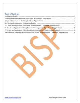 www.bisptrainings.com www.bispsolutions.com
Table of Contents
Application Builder ..........................................................................................................................3
Difference between Database application & Websheet Applications..................................................3
Stepwise Procedure of Building Database Applications.....................................................................3
Working with component Application Builder :.................................................................................4
To Create an Application Using First Subcomponent ( Database Applications) : ...............................5
To Create an Application Using Second Subcomponent (Spreadsheet Applications) : .....................10
To Create an Application Using Third Subcomponent ( Websheet Applications) :............................16
Installation of Packaged Application Using fourth Subcomponent ( Packaged Applications) ...........19
 