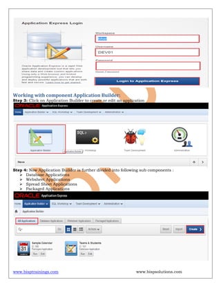 www.bisptrainings.com www.bispsolutions.com
Working with component Application Builder:
Step 3: Click on Application Builder to create or edit an application
Step 4: Now Application Builder is further divided into following sub components :
 Database Applications
 Websheet Applications
 Spread Sheet Applications
 Packaged Applications
 