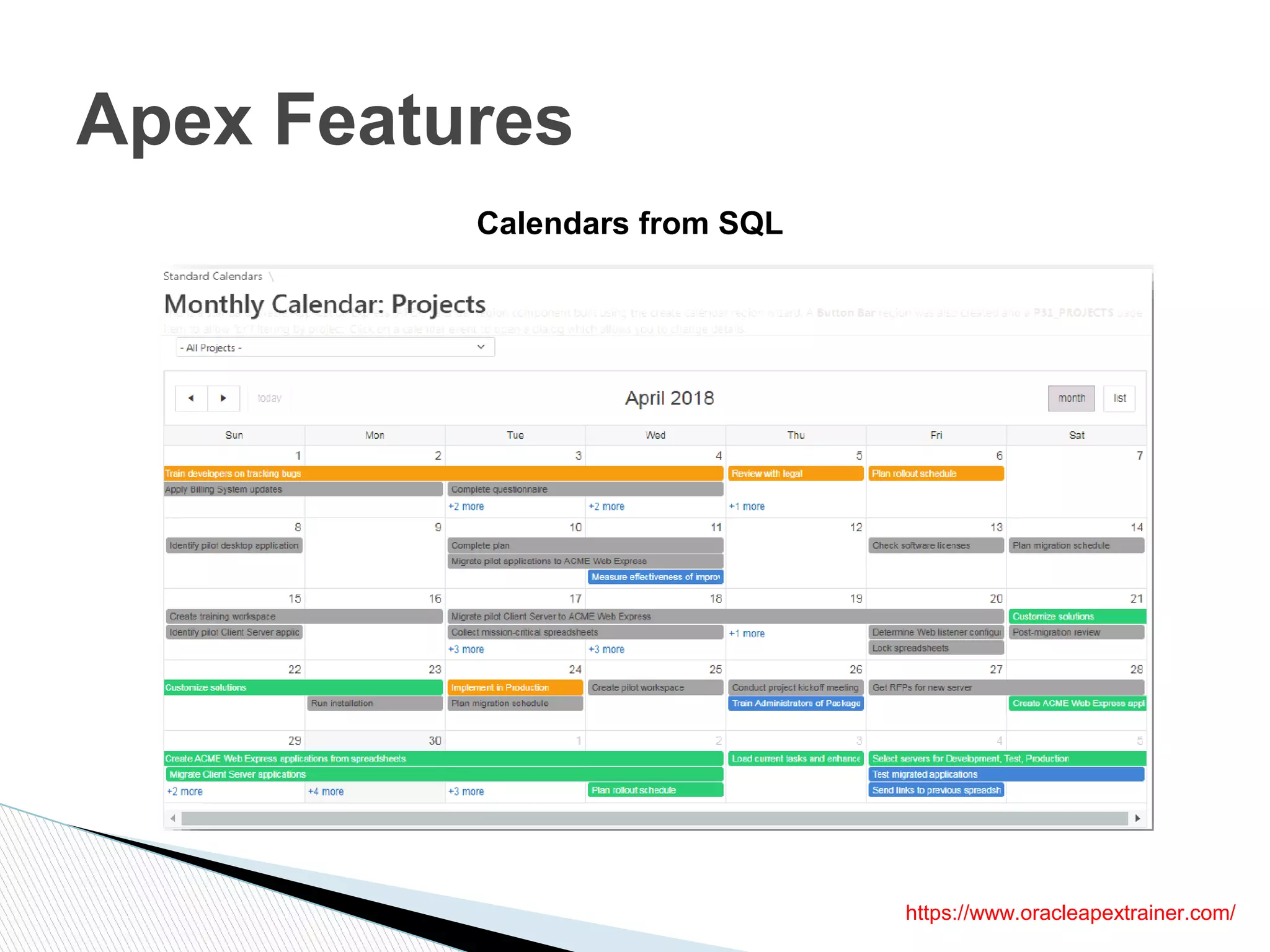 Apex Features
https://www.oracleapextrainer.com/
Calendars from SQL
 