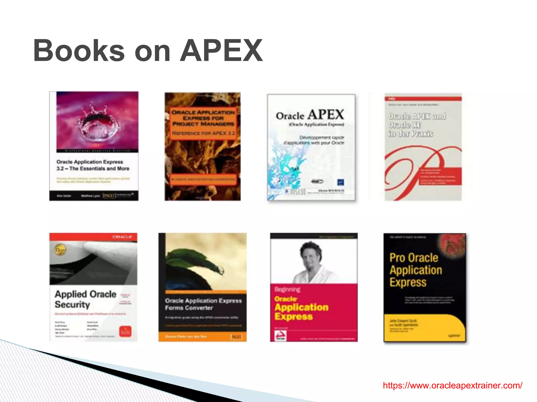 Books on APEX
https://www.oracleapextrainer.com/
 