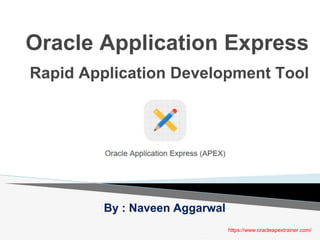 Oracle Application Express
Rapid Application Development Tool
By : Naveen Aggarwal
https://www.oracleapextrainer.com/
 