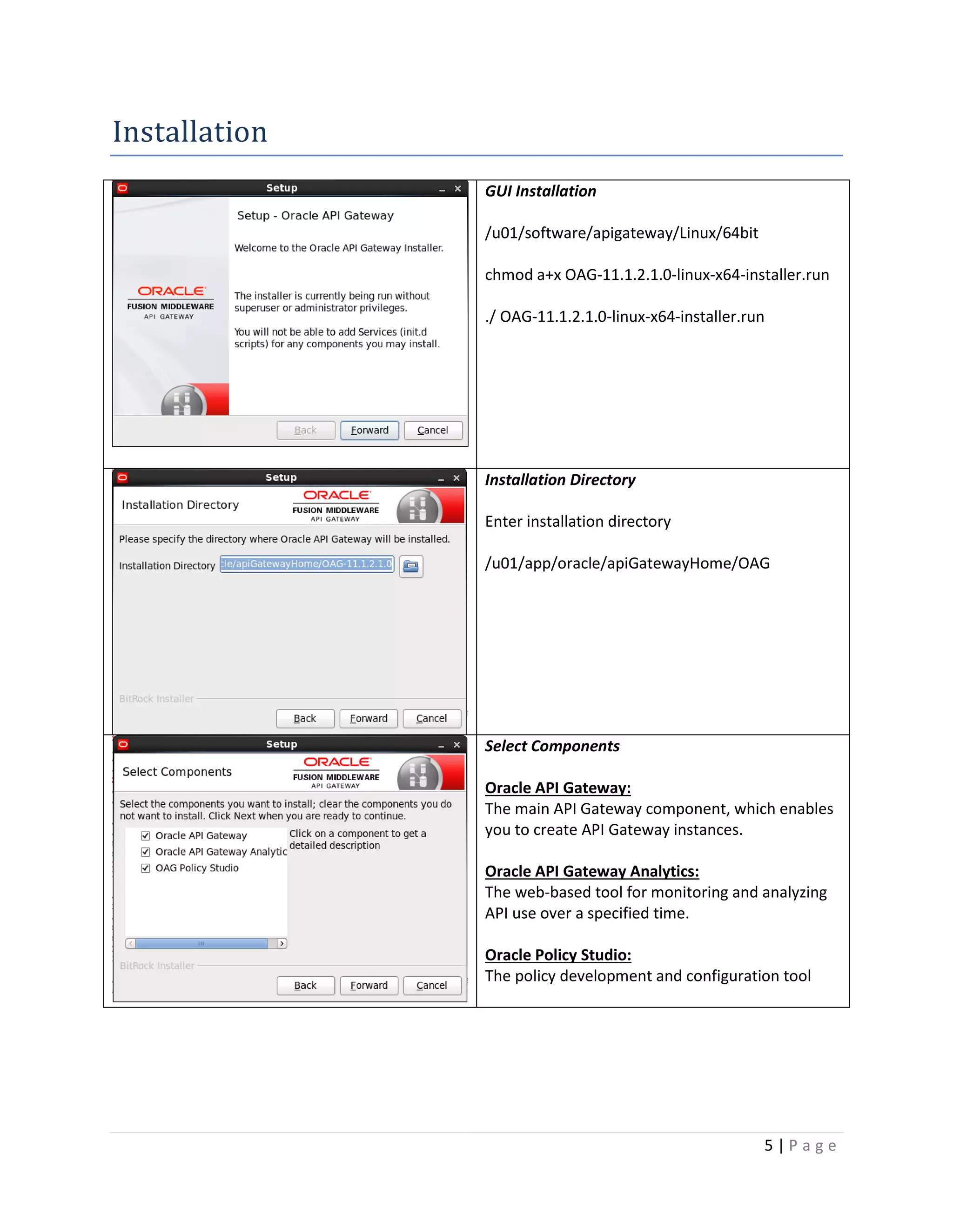 Installation
GUI Installation
/u01/software/apigateway/Linux/64bit
chmod a+x OAG-11.1.2.1.0-linux-x64-installer.run
./ OAG-11.1.2.1.0-linux-x64-installer.run

Installation Directory
Enter installation directory
/u01/app/oracle/apiGatewayHome/OAG

Select Components
Oracle API Gateway:
The main API Gateway component, which enables
you to create API Gateway instances.
Oracle API Gateway Analytics:
The web-based tool for monitoring and analyzing
API use over a specified time.
Oracle Policy Studio:
The policy development and configuration tool

5|Page

 