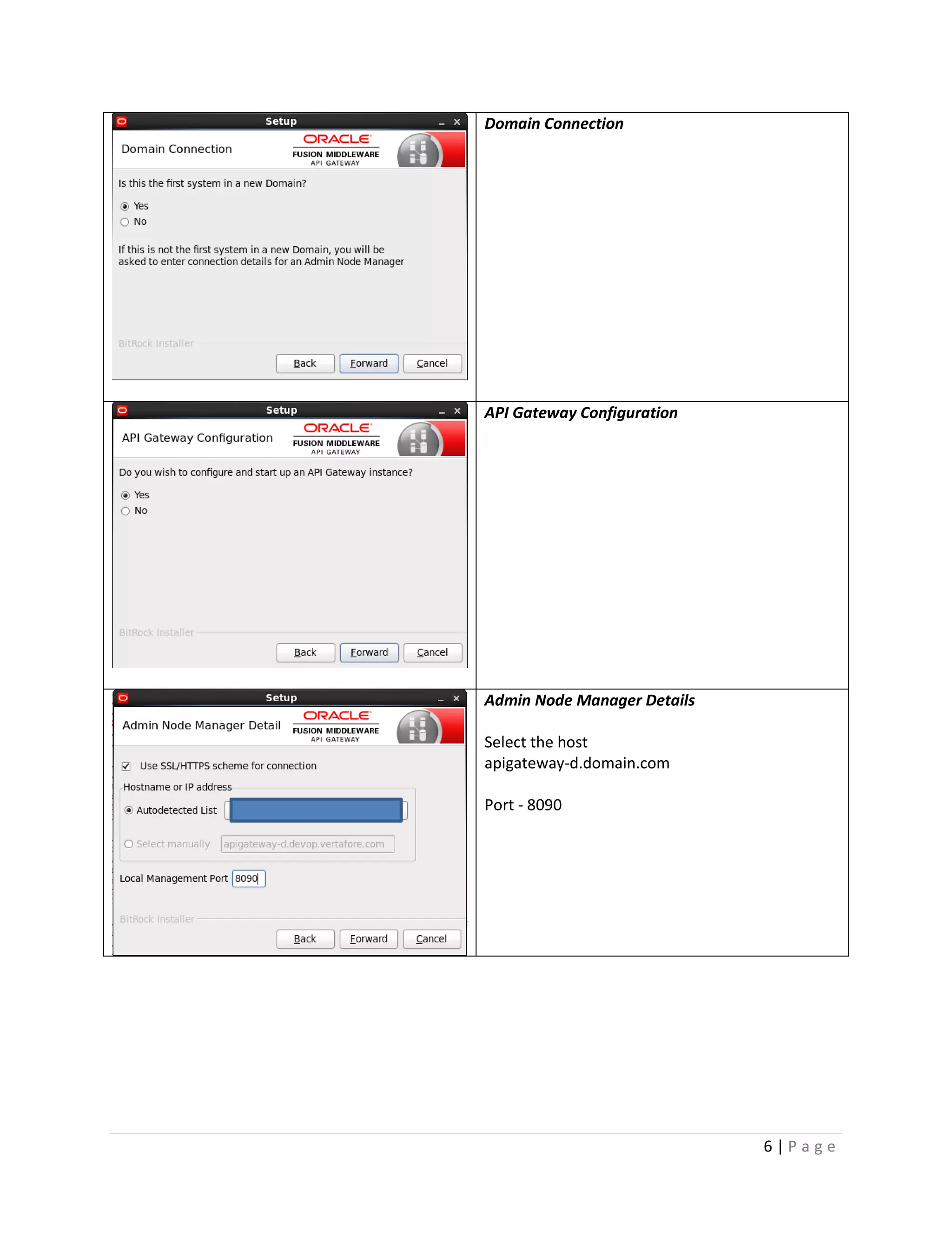Domain Connection

API Gateway Configuration

Admin Node Manager Details
Select the host
apigateway-d.domain.com
Port - 8090

6|Page

 