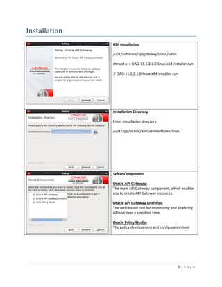 Installation
GUI Installation
/u01/software/apigateway/Linux/64bit
chmod a+x OAG-11.1.2.1.0-linux-x64-installer.run
./ OAG-11.1.2.1.0-linux-x64-installer.run

Installation Directory
Enter installation directory
/u01/app/oracle/apiGatewayHome/OAG

Select Components
Oracle API Gateway:
The main API Gateway component, which enables
you to create API Gateway instances.
Oracle API Gateway Analytics:
The web-based tool for monitoring and analyzing
API use over a specified time.
Oracle Policy Studio:
The policy development and configuration tool

5|Page

 