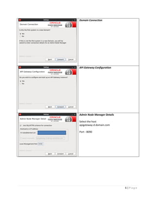 Domain Connection

API Gateway Configuration

Admin Node Manager Details
Select the host
apigateway-d.domain.com
Port - 8090

6|Page

 