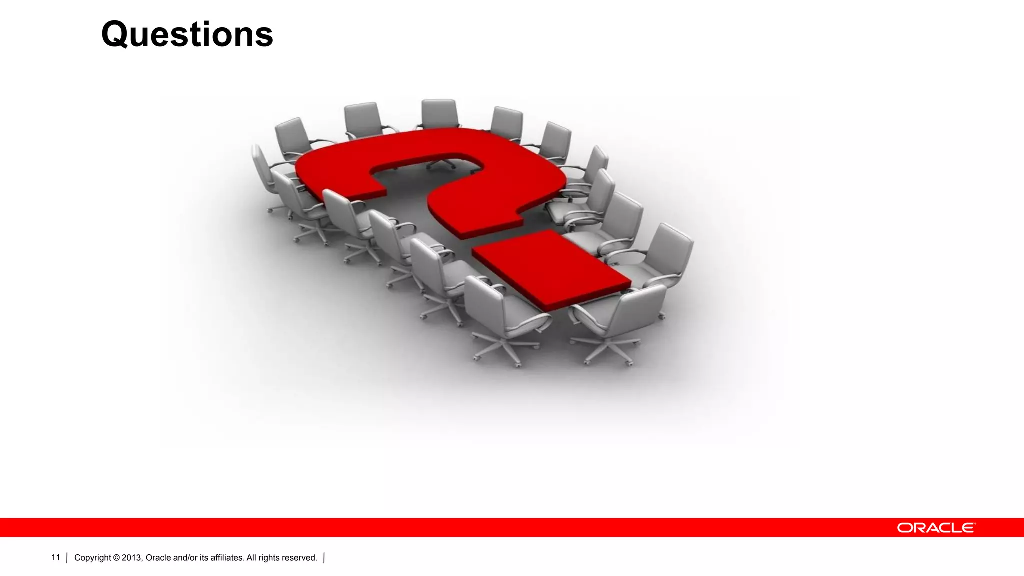 Copyright © 2013, Oracle and/or its affiliates. All rights reserved.11
Questions
 