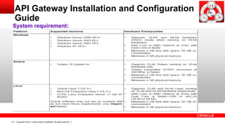 Copyright © 2013, Oracle and/or its affiliates. All rights reserved.10
API Gateway Installation and Configuration
Guide
System requirement:
 