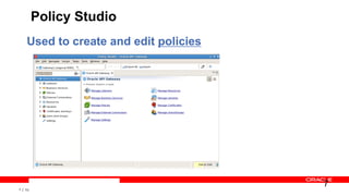Copyright © 2013, Oracle and/or its affiliates. All rights reserved.7
Policy Studio
7
Used to create and edit policies
 