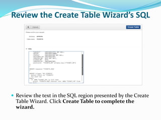 Review the Create Table Wizard’s SQL
 Review the text in the SQL region presented by the Create
Table Wizard. Click Create Table to complete the
wizard.
 