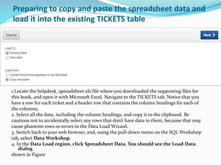 Preparing to copy and paste the spreadsheet data and
load it into the existing TICKETS table
1.Locate the helpdesk_spreadsheet.xls file where you downloaded the supporting files for
this book, and open it with Microsoft Excel. Navigate to the TICKETS tab. Notice that you
have a row for each ticket and a header row that contains the column headings for each of
the columns.
2. Select all the data, including the column headings, and copy it to the clipboard. Be
cautious not to accidentally select any rows that don’t have data in them, because that may
cause phantom rows or errors in the Data Load Wizard.
3. Switch back to your web browser, and, using the pull-down menu on the SQL Workshop
tab, select Data Workshop.
4. In the Data Load region, click Spreadsheet Data. You should see the Load Data
dialog
shown in Figure
 