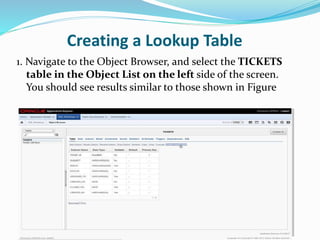 Creating a Lookup Table
1. Navigate to the Object Browser, and select the TICKETS
table in the Object List on the left side of the screen.
You should see results similar to those shown in Figure
 