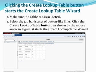 Clicking the Create Lookup Table button
starts the Create Lookup Table Wizard
2. Make sure the Table tab is selected.
3. Below the tab bar is a set of button-like links. Click the
Create Lookup Table button, as shown by the mouse
arrow in Figure; it starts the Create Lookup Table Wizard.
 
