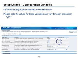 Setup Details – Configuration Variables Important configuration variables are shown below: Please note the values for these variables can vary for each transaction type. 