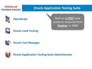 Oracle Application Testing Suite


• OpenScript                      Built on e-TEST suite
                                 products acquired from
                                    Empirix in 2008
• Oracle Load Testing


• Oracle Test Manager


• Oracle Application Testing Suite Administrator
 