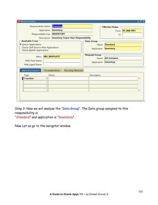 A Guide to Oracle Apps 11i – by Dinesh Kumar S
101
Step 3: Now we will analyze the “Data Group”. The Data group assigned to this
responsibility is
“Standard” and application is “Inventory”.
Now Let us go to the navigator window.
 