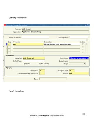 A Guide to Oracle Apps 11i – by Dinesh Kumar S
160
Defining Parameters:
“save” the set up.
 