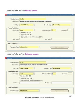 A Guide to Oracle Apps 11i – by Dinesh Kumar S
197
Creating “value set” for Natural account.
Creating “value set” for Balancing account.
 