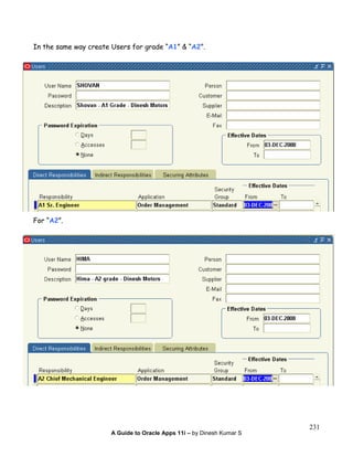 A Guide to Oracle Apps 11i – by Dinesh Kumar S
231
In the same way create Users for grade “A1” & “A2”.
For “A2”.
 