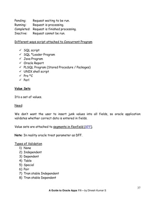 A Guide to Oracle Apps 11i – by Dinesh Kumar S
37
Pending: Request waiting to be run.
Running: Request is processing.
Completed: Request is finished processing.
Inactive: Request cannot be run.
Different ways script attached to Concurrent Program
SQL script
SQL *Loader Program
Java Program
Oracle Report
PLSQL Program (Stored Procedure / Packages)
UNIX shell script
Pro *C
Perl
Value Sets
It’s a set of values.
Need:
We don’t want the user to insert junk values into all fields, so oracle application
validates whether correct data is entered in fields.
Value sets are attached to segments in flexfield (KFF).
Note: In reality oracle treat parameter as DFF.
Types of Validation
1) None
2) Independent
3) Dependent
4) Table
5) Special
6) Pair
7) Tran stable Independent
8) Tran stable Dependent
 
