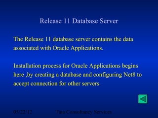 Release 11 Database Server

The Release 11 database server contains the data
associated with Oracle Applications.

Installation process for Oracle Applications begins
here ,by creating a database and configuring Net8 to
accept connection for other servers.



05/22/12         Tata Consultancy Services
 