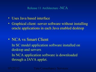 Release 11 Architecture -NCA


• Uses Java based interface
• Graphical client -server software without installing
  oracle applications in each Java enabled desktop


• NCA vs Smart Client
  In SC model application software installed on
  desktop and servers
  In NCA application software is downloaded
  through a JAVA applet.

05/22/12         Tata Consultancy Services
 