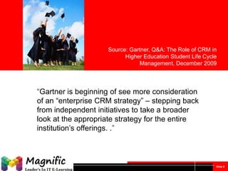Project Scope
Mapped to PeopleSoft CRM Modules

Source: Gartner, Q&A: The Role of CRM in
Higher Education Student Life Cycle
Management, December 2009

“Gartner is beginning of see more consideration
of an “enterprise CRM strategy” – stepping back
from independent initiatives to take a broader
look at the appropriate strategy for the entire
institution’s offerings. .”

Slide 5

 