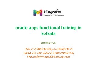 oracle apps functional training in
kolkata
CONTACT US:

USA:+1-6786933994,+1-6786933475
INDIA:+91-9052666559,040-69990056
Mail:info@magnifictraining.com

 