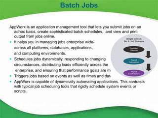 15
AppWorx is an application management tool that lets you submit jobs on an
adhoc basis, create sophisticated batch schedules, and view and print
output from jobs online.
 It helps you in managing jobs enterprise wide-
across all platforms, databases, applications,
and computing environments.
 Schedules jobs dynamically, responding to changing
circumstances, distributing loads efficiently across the
enterprise, and ensuring that performance goals are met.
 Triggers jobs based on events as well as times and dates.
 AppWorx is capable of dynamically automating applications. This contrasts
with typical job scheduling tools that rigidly schedule system events or
scripts.
Batch Jobs
 