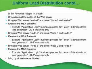 24
MSA Process Steps in detail
 Bring down all the nodes of the Web server
 Bring up Web server “Node-1” and down “Node-2 and Node-3”
 Execute the MSA Scenario
• Execute “Application Login“ business process for 1 user 10 iteration from
load generator “ LG-1” machine only
 Bring up Web server “Node-2” and down “Node-1 and Node-3”
 Execute the MSA Scenario
• Execute “Application Login“ business process for 1 user 10 iteration from
load generator “ LG-2” machine only
 Bring up Web server “Node-3” and down “Node-2 and Node-1”
 Execute the MSA Scenario
• Execute “Application Login“ business process for 1 user 10 iteration from
load generator “ LG-3” machine only
• Bring up all Web server Nodes.
Uniform Load Distribution contd…
 