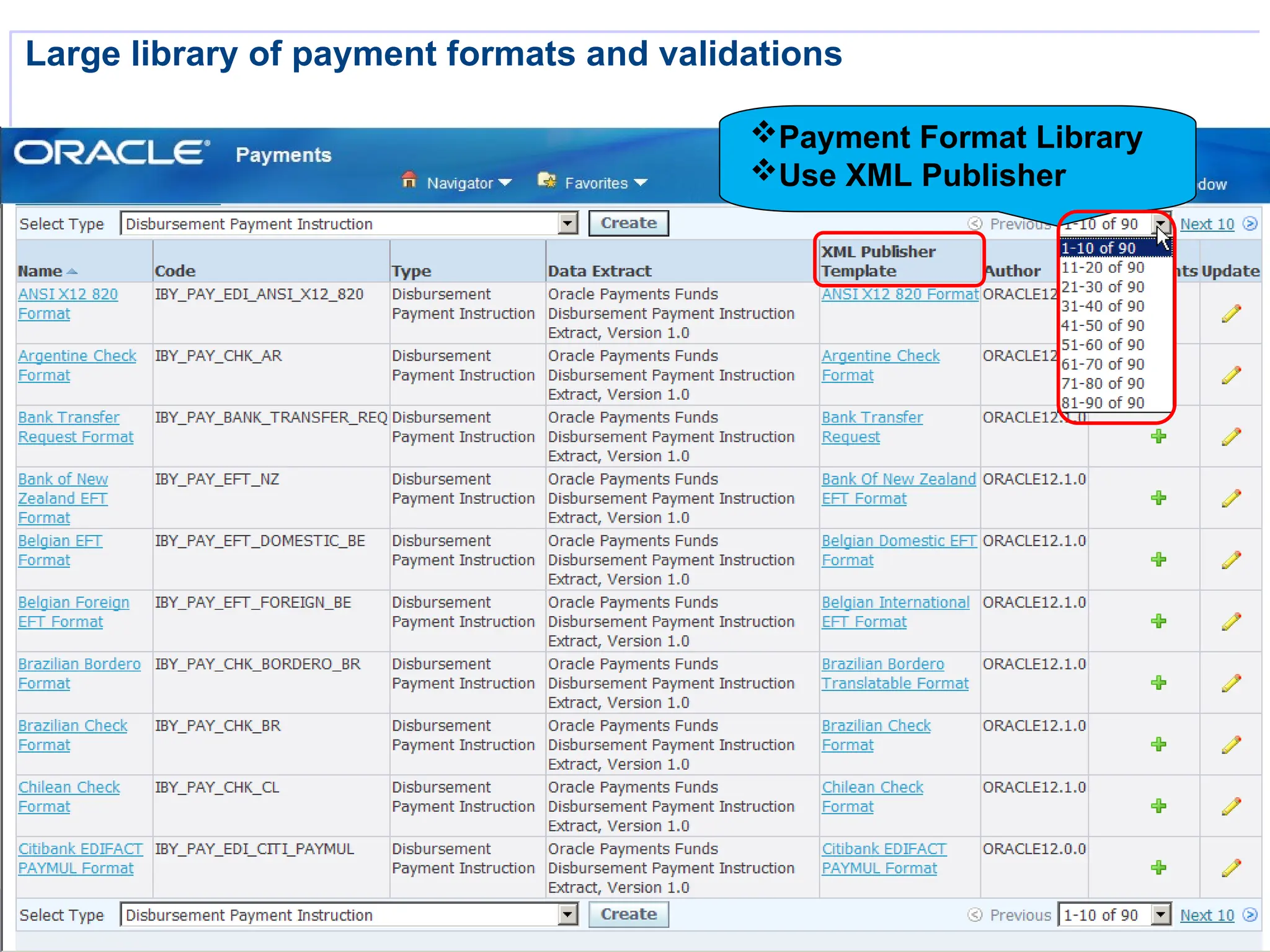 10
10
10
Large library of payment formats and validations
Payment Format Library
Use XML Publisher
 