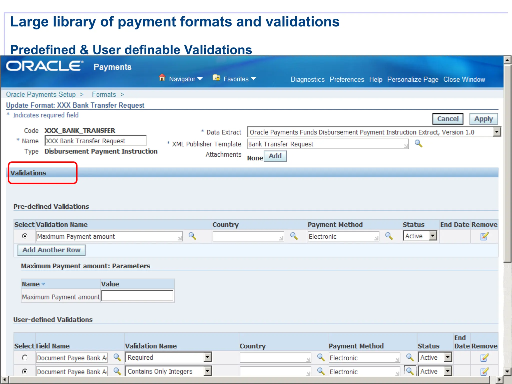 11
11
11
Large library of payment formats and validations
Predefined & User definable Validations
 