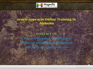 oracle apps scm Online Training in
Alabama
CONTACT US
USA:+1-6786933994,+1-6786933475
INDIA:+91-9052666559,040-69990056

Mail:info@magnifictraining.com

 