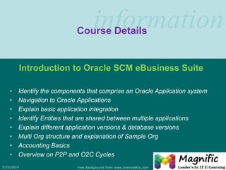 information
5/23/2014 Free Background from www.brainybetty.com 6
Course Details
Introduction to Oracle SCM eBusiness Suite
• Identify the components that comprise an Oracle Application system
• Navigation to Oracle Applications
• Explain basic application integration
• Identify Entities that are shared between multiple applications
• Explain different application versions & database versions
• Multi Org structure and explanation of Sample Org
• Accounting Basics
• Overview on P2P and O2C Cycles
 