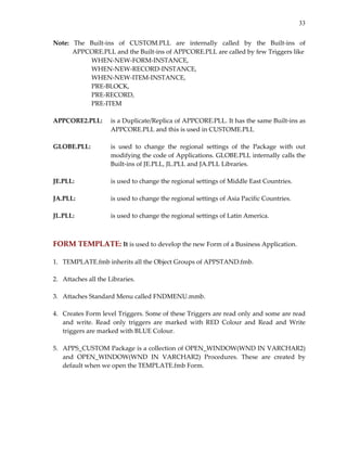 33


Note:  The  Built‐ins  of  CUSTOM.PLL  are  internally  called  by  the  Built‐ins  of 
       APPCORE.PLL and the Built‐ins of APPCORE.PLL are called by few Triggers like  
            WHEN‐NEW‐FORM‐INSTANCE,  
            WHEN‐NEW‐RECORD‐INSTANCE,    
            WHEN‐NEW‐ITEM‐INSTANCE,  
            PRE‐BLOCK,  
            PRE‐RECORD,  
            PRE‐ITEM 
 
APPCORE2.PLL:  is a Duplicate/Replica of APPCORE.PLL. It has the same Built‐ins as 
                    APPCORE.PLL and this is used in CUSTOME.PLL 
 
GLOBE.PLL:          is  used  to  change  the  regional  settings  of  the  Package  with  out 
                    modifying the code of Applications. GLOBE.PLL internally calls the 
                    Built‐ins of JE.PLL, JL.PLL and JA.PLL Libraries. 
 
JE.PLL:             is used to change the regional settings of Middle East Countries. 
 
JA.PLL:             is used to change the regional settings of Asia Pacific Countries. 
 
JL.PLL:             is used to change the regional settings of Latin America. 
  
 
FORM TEMPLATE: It is used to develop the new Form of a Business Application. 
 
1.    TEMPLATE.fmb inherits all the Object Groups of APPSTAND.fmb. 
 
2.    Attaches all the Libraries. 
 
3.    Attaches Standard Menu called FNDMENU.mmb. 
 
4.    Creates Form level Triggers. Some of these Triggers are read only and some are read 
      and  write.  Read  only  triggers  are  marked  with  RED  Colour  and  Read  and  Write 
      triggers are marked with BLUE Colour. 
 
5.  APPS_CUSTOM Package is a collection of OPEN_WINDOW(WND IN VARCHAR2) 
    and  OPEN_WINDOW(WND  IN  VARCHAR2)  Procedures.  These  are  created  by 
    default when we open the TEMPLATE.fmb Form. 
 
 