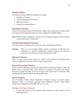 63


 
Interface Tables:  
The columns of these tables are classified into 4 types. 
    1. Mandatory Columns. 
    2. Conditionally Required Columns. 
    3. Optional Columns. 
    4. Internal Processing Columns. 
 
Mandatory Columns:  
These are the Normal columns in the Interface Tables. These are the main columns which 
are required in the destination tables (i.e. Oracle Application Module Tables). 
 
Note:  With  the  help  of  mandatory  columns  only  the  Import  Program  will  converts  the 
       records from source to destination. 
 
Conditionally Required Columns:  
The values for these columns are based on the values of Mandatory columns. 
 
Example:   When  we  are  converting  foreign  currency  transactions  to  INR  then  it  as 
             compulsory  to  provide  conditionally  required  columns  like  Currency 
             conversion rate, Conversion Time and Conversion Date. 
 
Optional Columns:  
These  are  used  when  a  client  wanted  to  transfer  some  additional  information  from 
source to destination. These are based on client’s requirement. 
 
Internal Processing Columns:  
Status  and  Error  Message  columns  are  called  Internal  Processing  Columns.  These  are 
specific  only  to  Interface  Table.  These  columns  are  going  to  be  used  by  the  Import 
Program  to  update the  status  and  error message,  if the  record  fails  its validation  while 
importing from Interface Table to the Destination Table. 
 
Import Program:  
For  all  Interface  Tables,  Oracle  Application  Package  is  going  to  provide  Import 
Programs.  These  are  generally  registered  with  destination  modules.  These  Import 
Programs are designed using PL/SQL, JAVA, C, C++, etc. 
 
The logic of the Import Program is 
    •   It  maps  the  columns  of  the  Interface  Table  with  one  or  more  columns  in  the 
        destination table. 
 