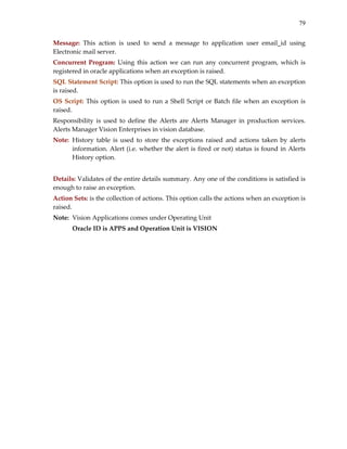 79


Message:  This  action  is  used  to  send  a  message  to  application  user  email_id  using 
Electronic mail server. 
Concurrent  Program:  Using  this  action  we  can  run  any  concurrent  program,  which  is 
registered in oracle applications when an exception is raised. 
SQL Statement Script: This option is used to run the SQL statements when an exception 
is raised. 
OS  Script:  This  option  is  used  to  run  a  Shell  Script  or  Batch  file  when  an  exception  is 
raised. 
Responsibility  is  used  to  define  the  Alerts  are  Alerts  Manager  in  production  services. 
Alerts Manager Vision Enterprises in vision database. 
Note:  History  table  is  used  to  store  the  exceptions  raised  and  actions  taken  by  alerts 
       information. Alert (i.e. whether the alert  is fired or  not) status  is found  in Alerts 
       History option. 
 
Details: Validates of the entire details summary. Any one of the conditions is satisfied is 
enough to raise an exception. 
Action Sets: is the collection of actions. This option calls the actions when an exception is 
raised. 
Note:  Vision Applications comes under Operating Unit 
       Oracle ID is APPS and Operation Unit is VISION 
 