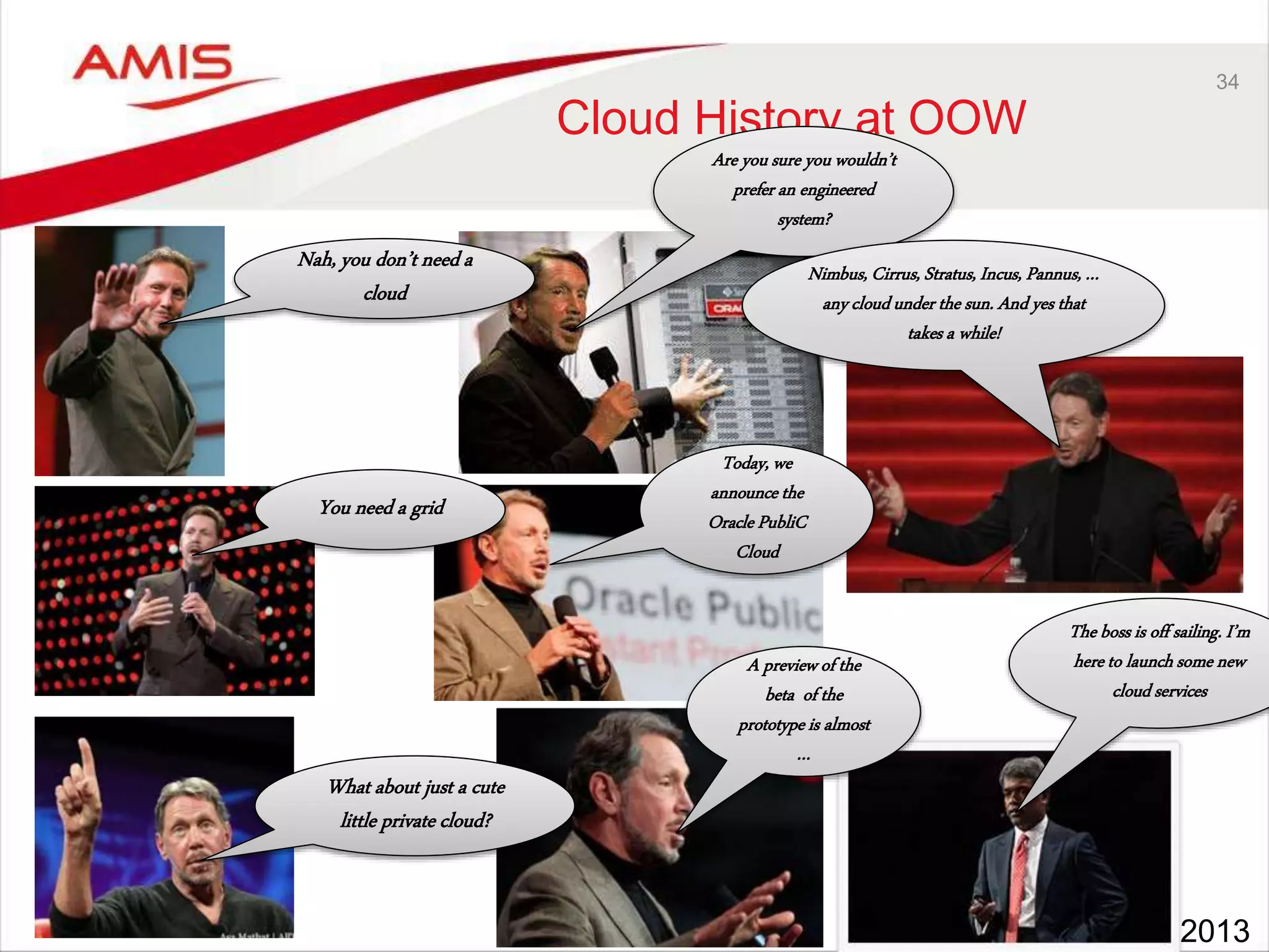 34
Cloud History at OOW
You need a grid
Nah, you don’t need a
cloud
What about just a cute
little private cloud?
Are you sure you wouldn’t
prefer an engineered
system?
Today, we
announce the
Oracle PubliC
Cloud
A previewof the
beta of the
prototypeis almost
…
Nimbus, Cirrus, Stratus, Incus, Pannus,…
anycloudunder the sun. And yes that
takes a while!
The boss is off sailing. I’m
hereto launchsome new
cloud services
2013
 