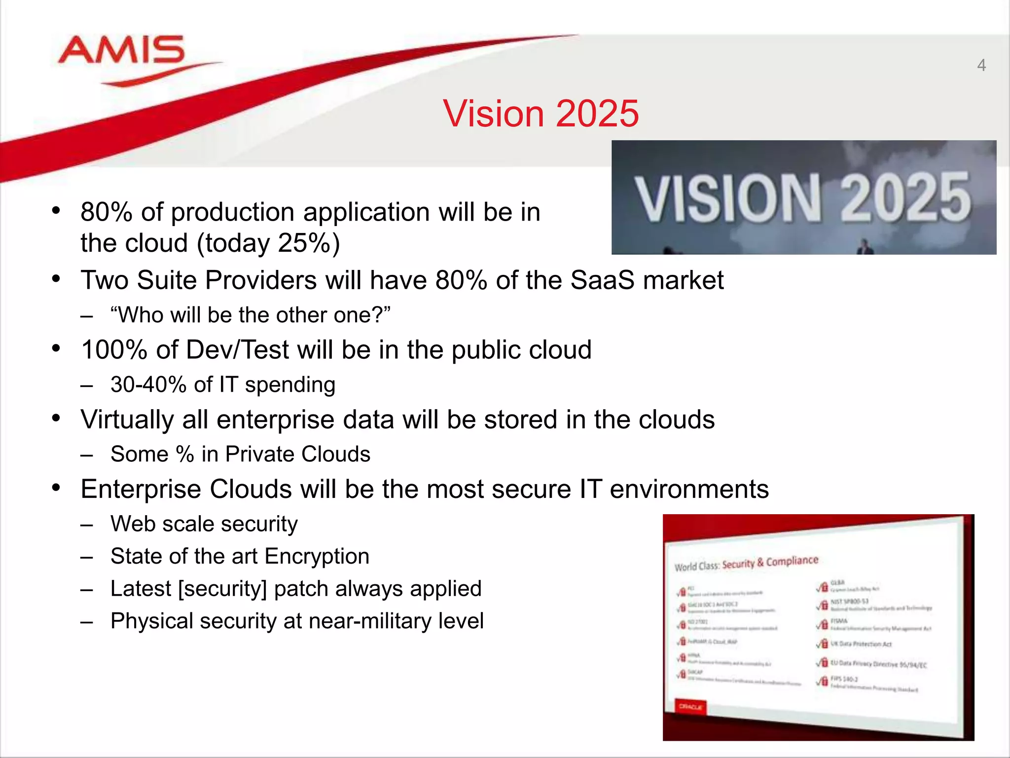 4
Vision 2025
• 80% of production application will be in
the cloud (today 25%)
• Two Suite Providers will have 80% of the SaaS market
– “Who will be the other one?”
• 100% of Dev/Test will be in the public cloud
– 30-40% of IT spending
• Virtually all enterprise data will be stored in the clouds
– Some % in Private Clouds
• Enterprise Clouds will be the most secure IT environments
– Web scale security
– State of the art Encryption
– Latest [security] patch always applied
– Physical security at near-military level
 