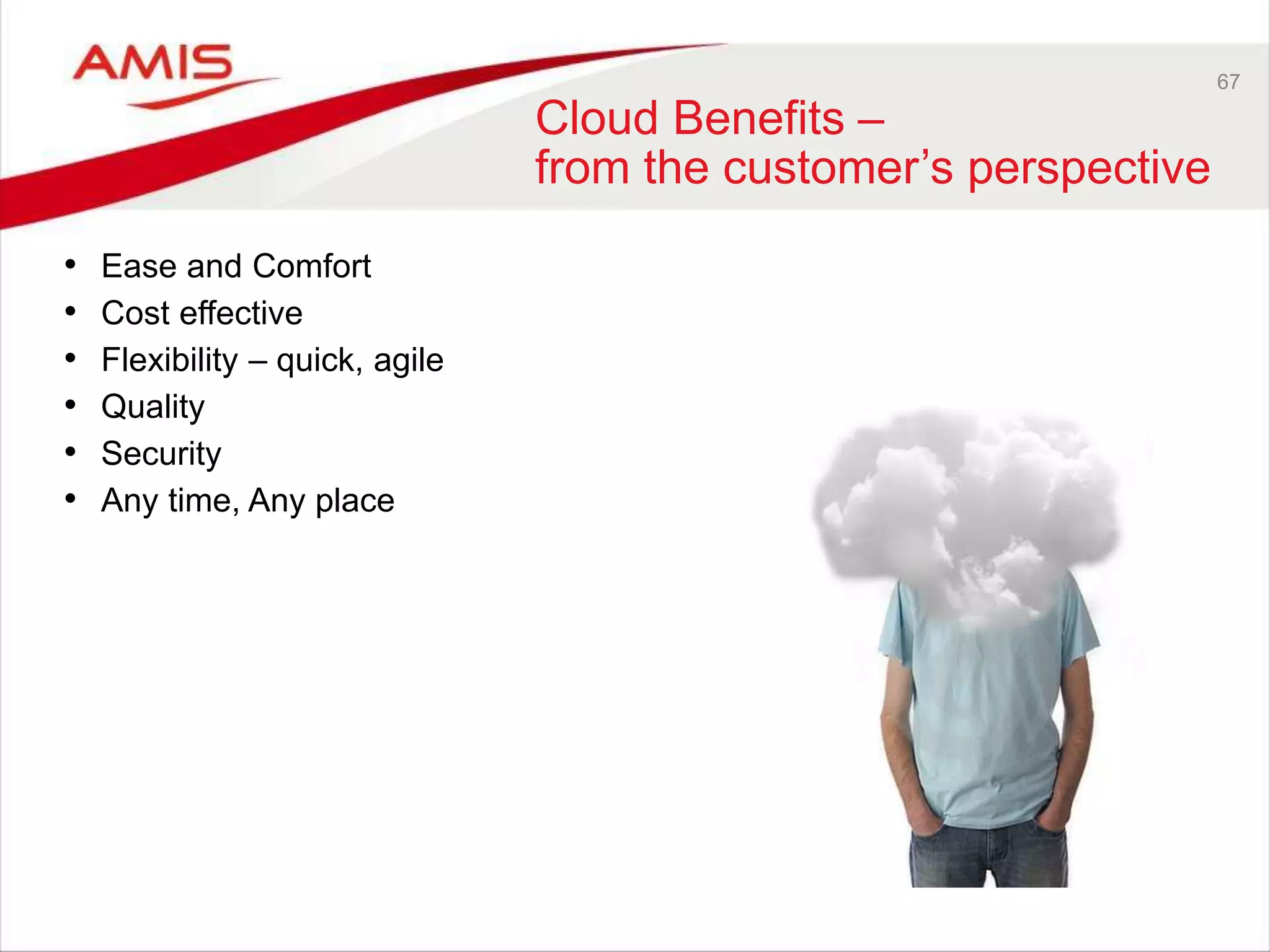 67
Cloud Benefits –
from the customer’s perspective
• Ease and Comfort
• Cost effective
• Flexibility – quick, agile
• Quality
• Security
• Any time, Any place
 