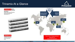 Trinamix At a Glance
US UAE
India
Japan
Former Oracle
Development
Industry
Experts
One of the 3 Oracle partners
approved for
Cloud SCM Solutions
 