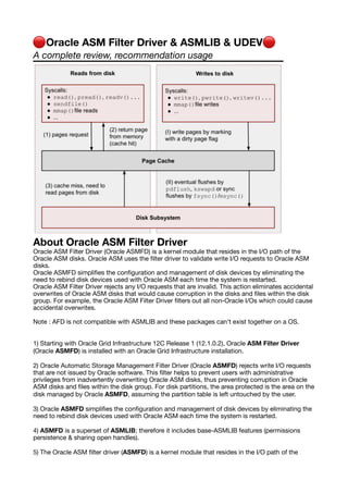 🔴 Oracle ASM Filter Driver & ASMLIB & UDEV🔴
A complete review, recommendation usage
About Oracle ASM Filter Driver
Oracle ASM Filter Driver (Oracle ASMFD) is a kernel module that resides in the I/O path of the
Oracle ASM disks. Oracle ASM uses the
fi
lter driver to validate write I/O requests to Oracle ASM
disks.
Oracle ASMFD simpli
fi
es the con
fi
guration and management of disk devices by eliminating the
need to rebind disk devices used with Oracle ASM each time the system is restarted.
Oracle ASM Filter Driver rejects any I/O requests that are invalid. This action eliminates accidental
overwrites of Oracle ASM disks that would cause corruption in the disks and
fi
les within the disk
group. For example, the Oracle ASM Filter Driver
fi
lters out all non-Oracle I/Os which could cause
accidental overwrites.
Note : AFD is not compatible with ASMLIB and these packages can't exist together on a OS.
1) Starting with Oracle Grid Infrastructure 12C Release 1 (12.1.0.2), Oracle ASM Filter Driver
(Oracle ASMFD) is installed with an Oracle Grid Infrastructure installation.
2) Oracle Automatic Storage Management Filter Driver (Oracle ASMFD) rejects write I/O requests
that are not issued by Oracle software. This
fi
lter helps to prevent users with administrative
privileges from inadvertently overwriting Oracle ASM disks, thus preventing corruption in Oracle
ASM disks and
fi
les within the disk group. For disk partitions, the area protected is the area on the
disk managed by Oracle ASMFD, assuming the partition table is left untouched by the user.
3) Oracle ASMFD simpli
fi
es the con
fi
guration and management of disk devices by eliminating the
need to rebind disk devices used with Oracle ASM each time the system is restarted.
4) ASMFD is a superset of ASMLIB; therefore it includes base-ASMLIB features (permissions
persistence & sharing open handles).
5) The Oracle ASM
fi
lter driver (ASMFD) is a kernel module that resides in the I/O path of the
 