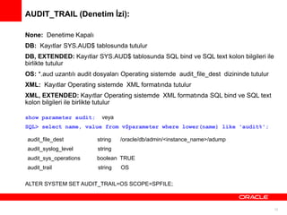 AUDIT_TRAIL (Denetim İzi):
None: Denetime Kapalı
DB: Kayıtlar SYS.AUD$ tablosunda tutulur
DB, EXTENDED: Kayıtlar SYS.AUD$ tablosunda SQL bind ve SQL text kolon bilgileri ile
birlikte tutulur
OS: *.aud uzantılı audit dosyaları Operating sistemde audit_file_dest dizininde tutulur
XML: Kayıtlar Operating sistemde XML formatında tutulur
XML, EXTENDED: Kayıtlar Operating sistemde XML formatında SQL bind ve SQL text
kolon bilgileri ile birlikte tutulur
show parameter audit;

veya

SQL> select name, value from v$parameter where lower(name) like 'audit%';
audit_file_dest

string

/oracle/db/admin/<instance_name>/adump

audit_syslog_level

string

audit_sys_operations

boolean TRUE

audit_trail

string

OS

ALTER SYSTEM SET AUDIT_TRAIL=OS SCOPE=SPFILE;

12

 