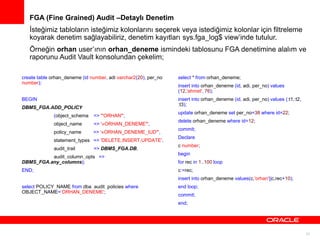 FGA (Fine Grained) Audit –Detaylı Denetim

İsteğimiz tabloların isteğimiz kolonlarını seçerek veya istediğimiz kolonlar için filtreleme
koyarak denetim sağlayabiliriz, denetim kayıtları sys.fga_log$ view’inde tutulur.
Örneğin orhan user’ının orhan_deneme ismindeki tablosunu FGA denetimine alalım ve
raporunu Audit Vault konsolundan çekelim;
create table orhan_deneme (id number, adi varchar2(20), per_no
number);

select * from orhan_deneme;

BEGIN

insert into orhan_deneme (id, adi, per_no) values (:t1,:t2,
:t3);

DBMS_FGA.ADD_POLICY

insert into orhan_deneme (id, adi, per_no) values
(12,'ahmet', 76);

update orhan_deneme set per_no=38 where id=22;

(object_schema

=> '"ORHAN"',

object_name

=> '«ORHAN_DENEME"',

delete orhan_deneme where id=12;

policy_name

=> '«ORHAN_DENEME_IUD"',

commit;

statement_types => 'DELETE,INSERT,UPDATE',
audit_trail

=> DBMS_FGA.DB,

audit_column_opts =>
DBMS_FGA.any_columns);
END;

Declare
c number;
begin

for rec in 1..100 loop
c:=rec;
insert into orhan_deneme values(c,'orhan'||c,rec+10);

select POLICY_NAME from dba_audit_policies where
OBJECT_NAME=‘ORHAN_DENEME';

end loop;
commit;
end;

21

 
