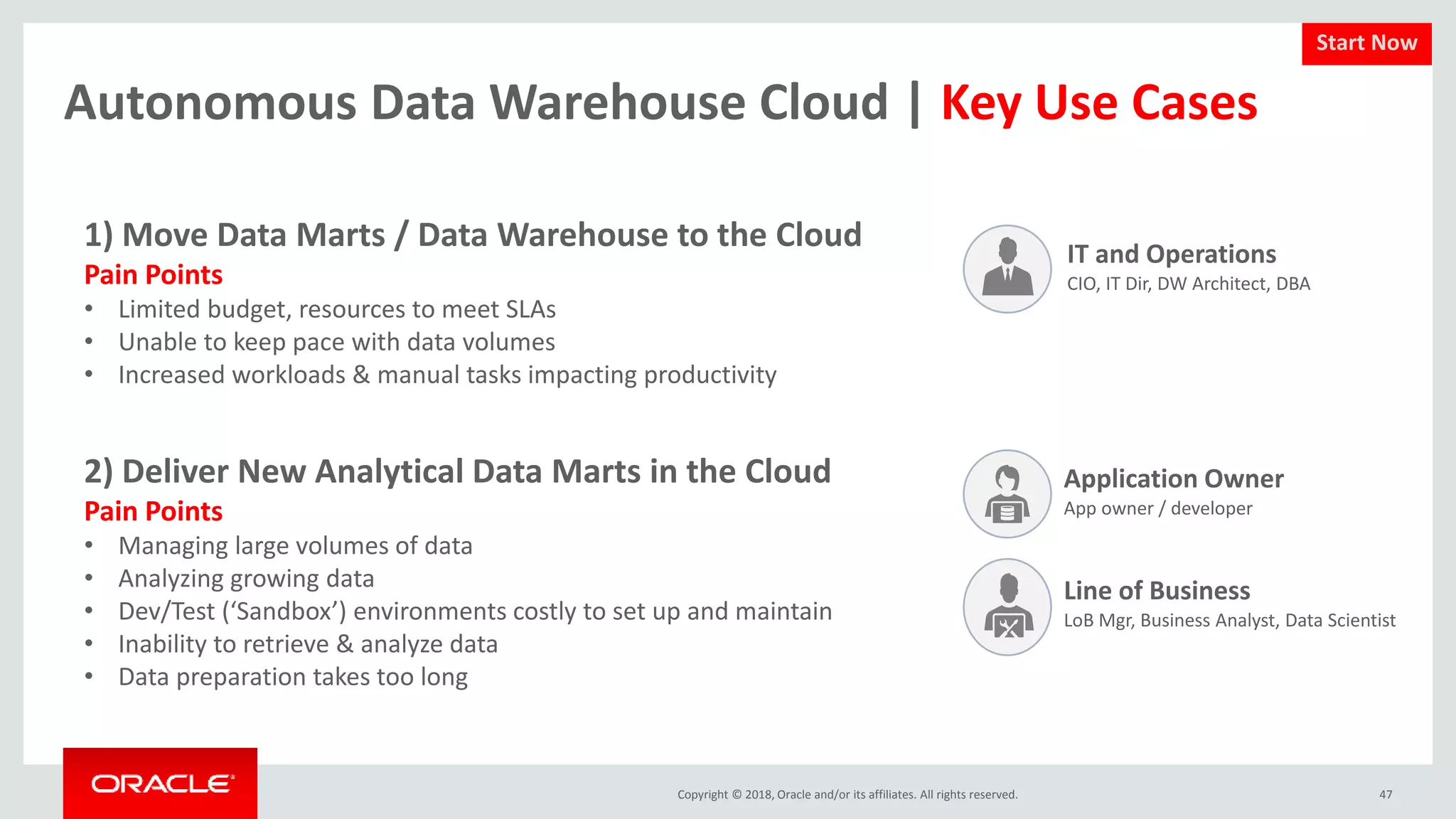 Copyright © 2018, Oracle and/or its affiliates. All rights reserved. 47
1) Move Data Marts / Data Warehouse to the Cloud
Pain Points
• Limited budget, resources to meet SLAs
• Unable to keep pace with data volumes
• Increased workloads & manual tasks impacting productivity
IT and Operations
CIO, IT Dir, DW Architect, DBA
Application Owner
App owner / developer
Line of Business
LoB Mgr, Business Analyst, Data Scientist
Autonomous Data Warehouse Cloud | Key Use Cases
2) Deliver New Analytical Data Marts in the Cloud
Pain Points
• Managing large volumes of data
• Analyzing growing data
• Dev/Test (‘Sandbox’) environments costly to set up and maintain
• Inability to retrieve & analyze data
• Data preparation takes too long
Start Now
 