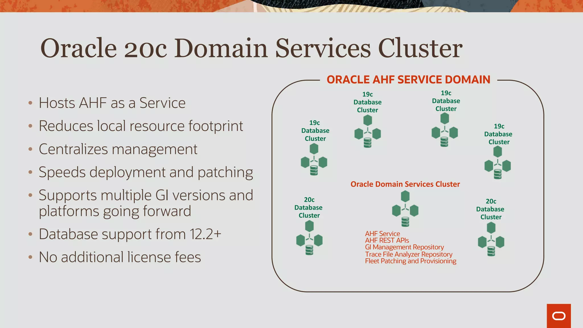 Oracle 20c Domain Services Cluster
• Hosts AHF as a Service
• Reduces local resource footprint
• Centralizes management
• Speeds deployment and patching
• Supports multiple GI versions and
platforms going forward
• Database support from 12.2+
• No additional license fees
19c
Database
Cluster
20c
Database
Cluster
19c
Database
Cluster
Oracle Domain Services Cluster
20c
Database
Cluster
19c
Database
Cluster
19c
Database
Cluster
ORACLE AHF SERVICE DOMAIN
AHF Service
AHF REST APIs
GI Management Repository
Trace File Analyzer Repository
Fleet Patching and Provisioning
 