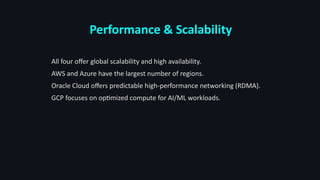 Performance & Scalability
All four offer global scalability and high availability.
AWS and Azure have the largest number of regions.
Oracle Cloud offers predictable high-performance networking (RDMA).
GCP focuses on optimized compute for AI/ML workloads.
 