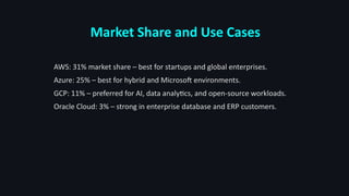 Market Share and Use Cases
AWS: 31% market share – best for startups and global enterprises.
Azure: 25% – best for hybrid and Microsoft environments.
GCP: 11% – preferred for AI, data analytics, and open-source workloads.
Oracle Cloud: 3% – strong in enterprise database and ERP customers.
 