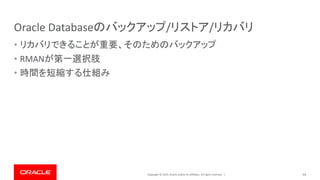 Copyright © 2019, Oracle and/or its affiliates. All rights reserved. |
Oracle Databaseのバックアップ/リストア/リカバリ
• リカバリできることが重要、そのためのバックアップ
• RMANが第一選択肢
• 時間を短縮する仕組み
54
 